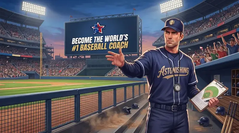 Treinador junto à bancada num estádio de basebol em Astonishing Baseball Manager