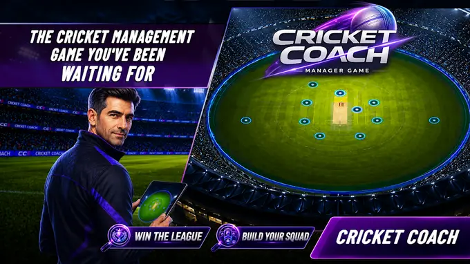 Ecrã de abertura de Cricket Coach: Manager Game com o relvado de críquete iluminado