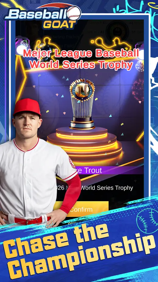 Ecrã de escolha de jogadores com um troféu em destaque no jogo Beisebol GOAT