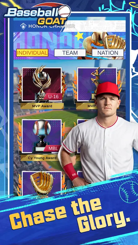Ecrã de carreira com fichas de jogador e uma taça em Beisebol GOAT
