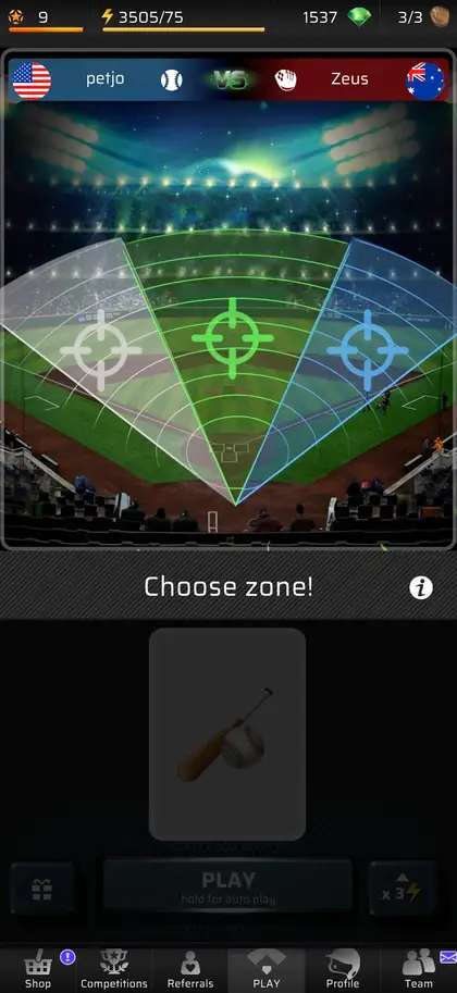 Escolha da zona de envio da bola sobre o desenho do campo em Homerun - Jogo PVP de Beisebol