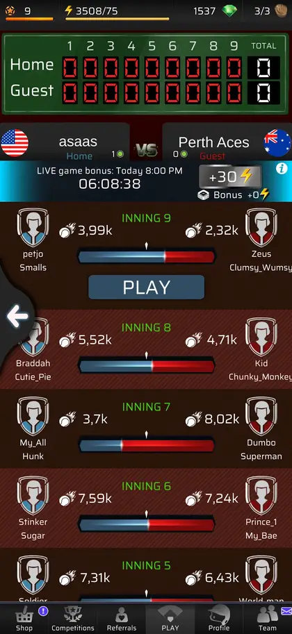 Quadro de resultados por entrada durante uma partida de Homerun - Jogo PVP de Beisebol
