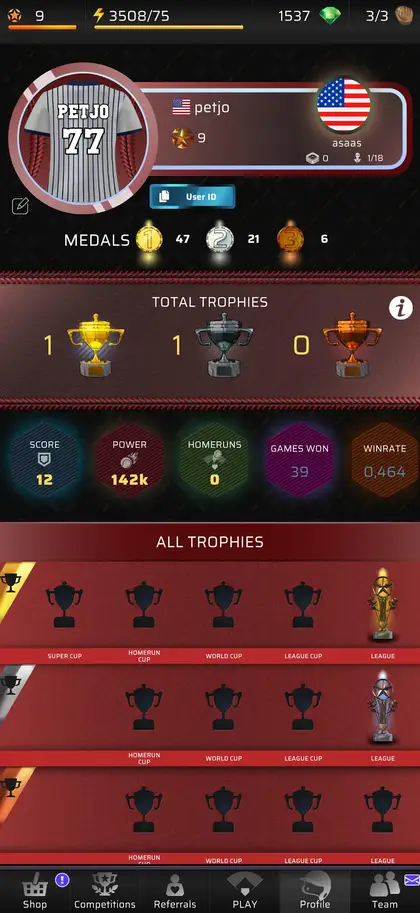 Galeria de troféus reunidos ao longo das ligas em Homerun - Jogo PVP de Beisebol