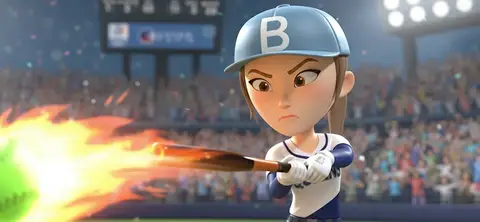 Jogadora de softbol em posição de batida com efeito de energia em Queens of the Diamond
