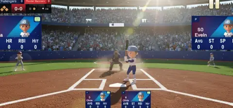 Vista atrás da base principal durante uma partida de softbol em Queens of the Diamond