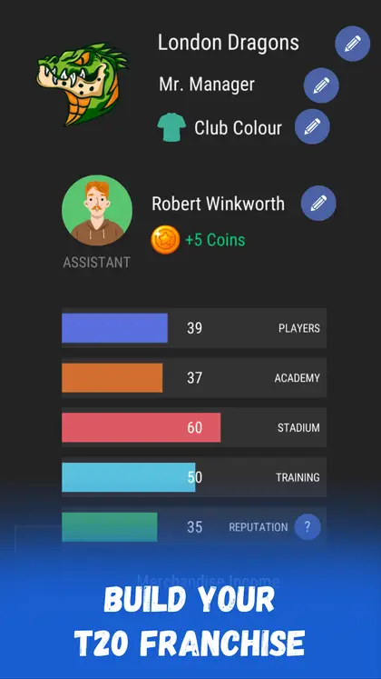 Painel do clube com cores, plantel e equipa técnica em Wicket Cricket Manager